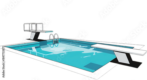 Modern swimming pool with diving boards and clear blue water on a white background