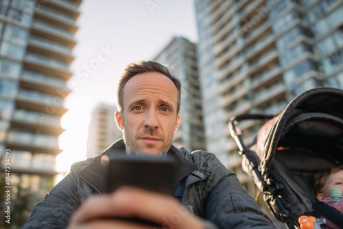 Family man enjoys a moment of relaxation while using his smartphone outdoors in a modern urban setting