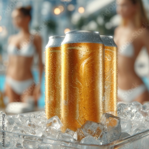 Iced tea cans resting on a bed of crushed ice near a bright outdoor pool on a sunny day