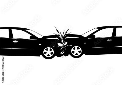 Two black cars collide head-on in a stylized graphic illustration of a car accident with an explosion at the point of impact on a white background.