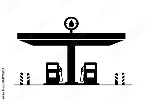 A minimalist black and white icon depicting a gas station with two fuel pumps under a canopy and a fuel gauge.