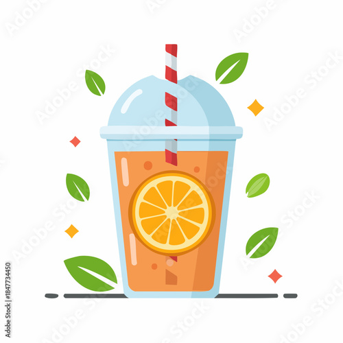 Refreshing Orange Juice in a Plastic Cup with Straw.