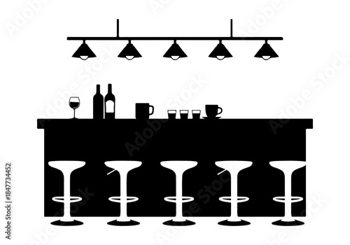 Black silhouette illustration of a modern bar counter with five stools, bottles, glasses, and overhead lighting fixture.