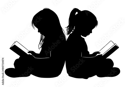 Silhouettes of two young girls sitting back-to-back, engrossed in reading books.
