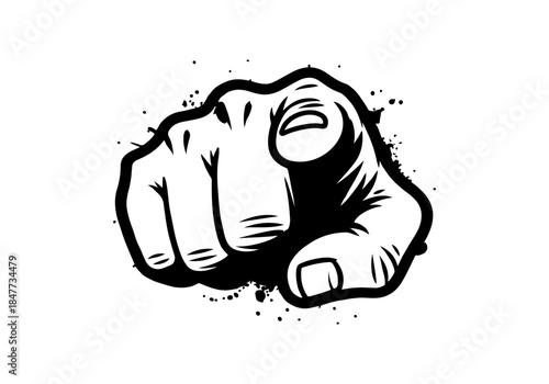 A bold, graphic illustration of a hand pointing directly forward with a distressed, spray-painted effect.