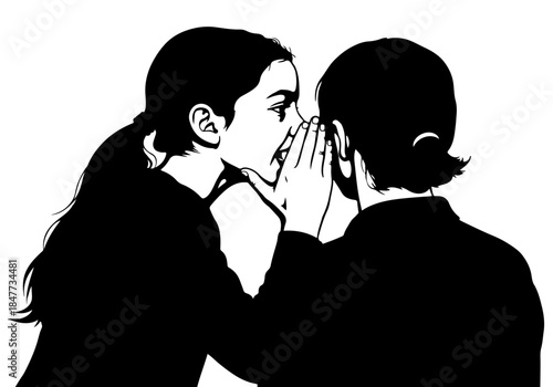 Black and white graphic illustration of one person whispering a secret into another person's ear.