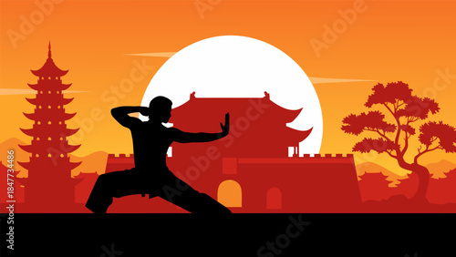 Silhouette of a martial artist performing a pose against a vibrant sunset with traditional Chinese architecture.