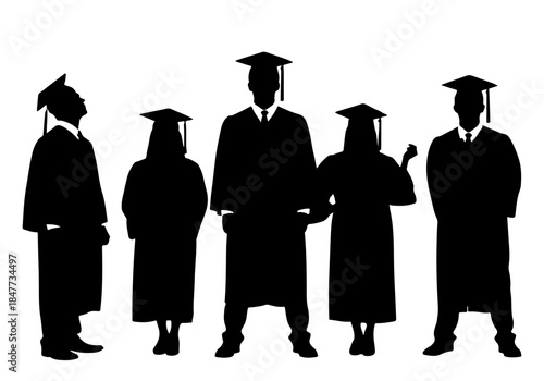 Silhouettes of five graduates wearing caps and gowns, standing together in a line.