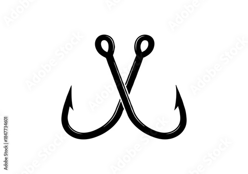Two black fishing hooks crossed over each other on a white background.