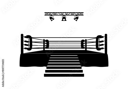 A black and white illustration of a boxing ring with stairs leading up to it and spotlights overhead.