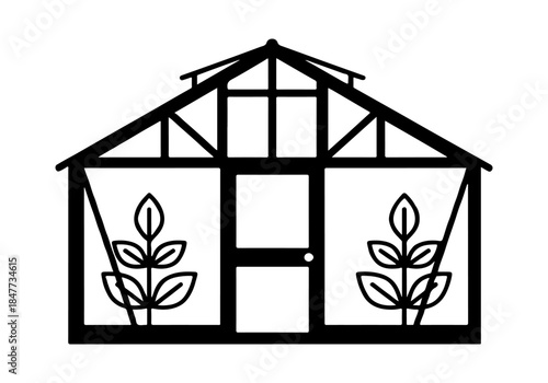 A black and white line art illustration of a greenhouse with two plants inside, featuring a peaked roof and a central door.