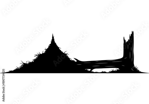 Black silhouette of a fallen tree trunk, a mound, and a tree stump in a natural landscape.