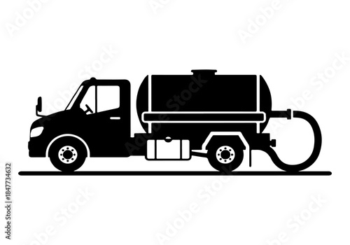 Black silhouette of a septic tank truck with a hose, side view.