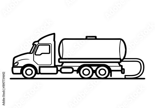 A black and white line art illustration of a tanker truck with a large cylindrical tank and a hose at the rear, depicted in profile view.
