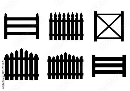 A collection of six different black silhouette illustrations of various fence designs, including picket fences and horizontal rail fences.