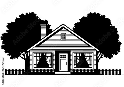 Black and white illustration of a charming small house with two trees and a picket fence.