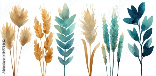 Elegant watercolor plants in soothing wheat beige and teal hues on a clean white background