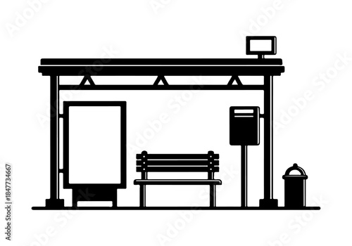 A black and white illustration of a bus stop shelter with a bench, advertising display, and trash can.