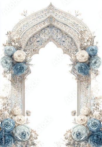 Ornamental arch adorned with pastel roses creates a serene and elegant space for celebration and beauty