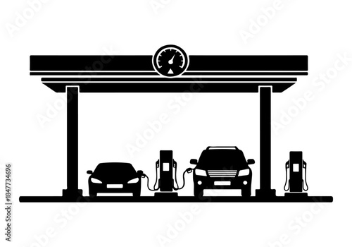 A black and white silhouette illustration of a gas station with two cars refueling at the pumps under a canopy with a large gauge.