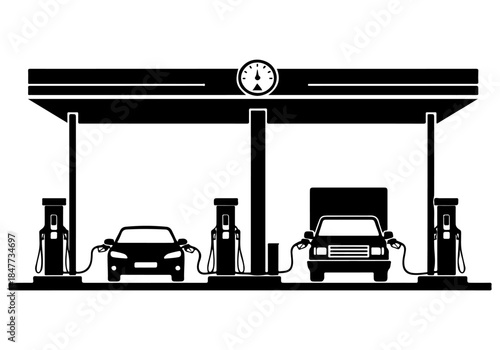 Black and white silhouette illustration of a gas station with a car and a truck refueling at pumps.