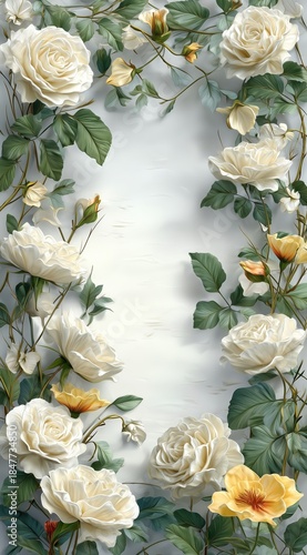 Soft cream roses and delicate vines creating a charming garden backdrop for elegant designs