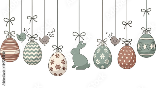 A charming illustration of various Easter decorations, including patterned eggs, a bunny, and singing birds, all hanging from strings with bows.