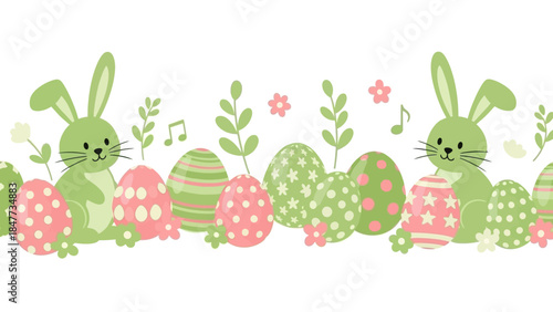 Seamless Easter border with cute green bunnies, decorated eggs, leaves, and flowers in pastel pink and green colors.