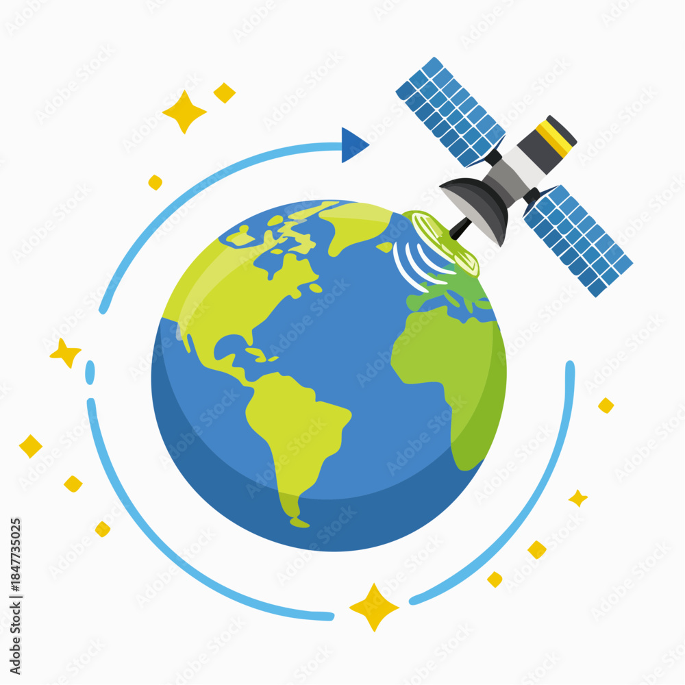 Fototapeta premium Satellite Orbiting Earth with Communication Waves and Stars.