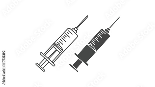Two syringe icons in outline and solid styles for medical use
