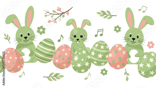 Easter border with cute green bunnies, decorated eggs, leaves, and flowers