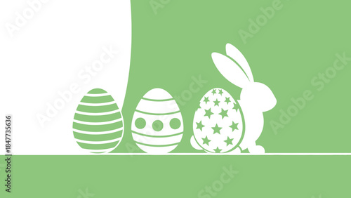 A minimalist graphic illustration of an Easter bunny silhouette standing next to three decorated Easter eggs on a light green background.