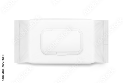 Wet wipes flow package mockup with realistic flap. Vector illustration isolated on white background. Can be use for your design, promo, adv and etc. EPS10.