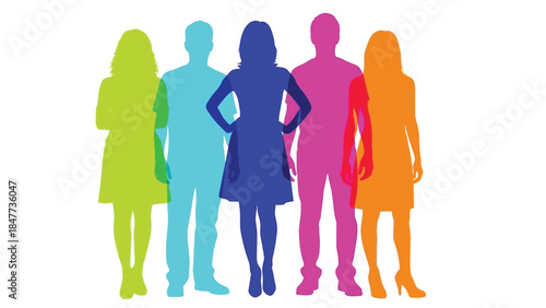 Group of five colorful human silhouettes standing together
