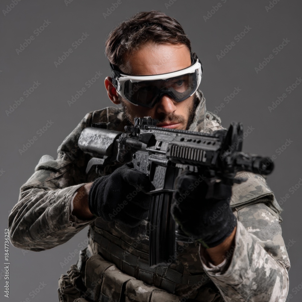 Obraz premium Young caucasian male soldier aiming rifle in camouflage outfit and tactical gear