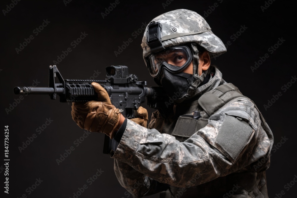 Obraz premium Asian male soldier in tactical gear aiming rifle in combat pose