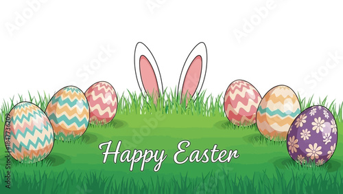 illustration of colorful Easter eggs in green grass with bunny ears