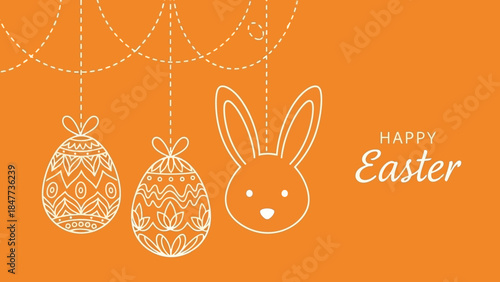 A minimalist illustration of two decorated Easter eggs and a bunny head hanging on an orange background with "Happy Easter" text.