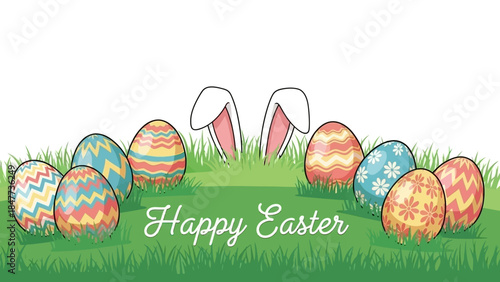 A festive illustration of colorful Easter eggs in green grass with bunny ears peeking out and "Happy Easter" text.