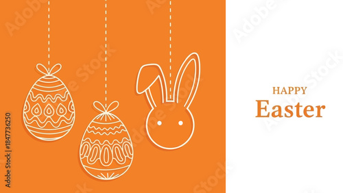 Happy Easter greeting card with hanging decorated eggs and a bunny head outline on an orange and white background.