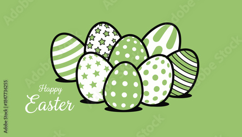 Happy Easter greeting card with a collection of green and white patterned eggs on a light green background.