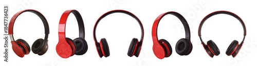 A set of red and black wireless surround headphones on an isolated background