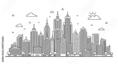 A stylized line drawing depicts a city skyline with numerous buildings.