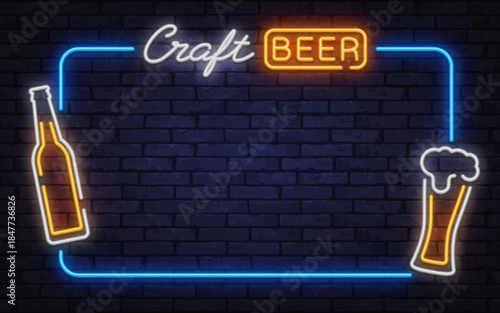 Stylish neon vector frame with craft beer sign, bottle, and foam glass icon. Great for bar advertising, brewery branding, and nightlife posters.
