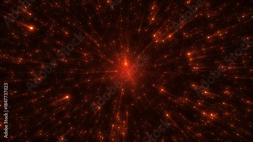 Red abstract background with a shimmering star effect and rays of light coming from the center. Space dust and explosion effect.