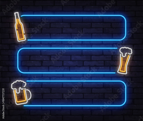 Minimal neon vector frame set with beer bottle, mug icons, and horizontal panels. Created for pub menus, price lists, and modern bar presentations.