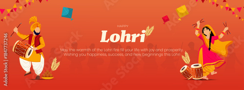 Happy Lohri Festival Banner with Punjabi Dance and Dhol Traditional Lohri Celebration Background vector Illustration.