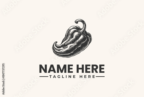 Vector illustration of a pepper logo with placeholder text on a beige background, featuring a stylized chili pepper design.