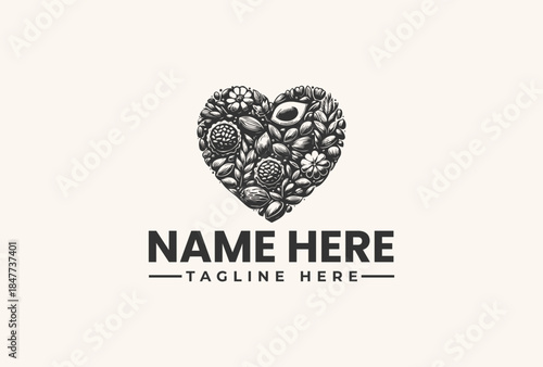 Black and white illustration of a heart-shaped logo with floral patterns and a placeholder text on a beige background, featuring a vector design.