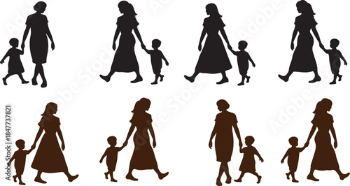Silhouettes of a mother and child walking together in two different colors